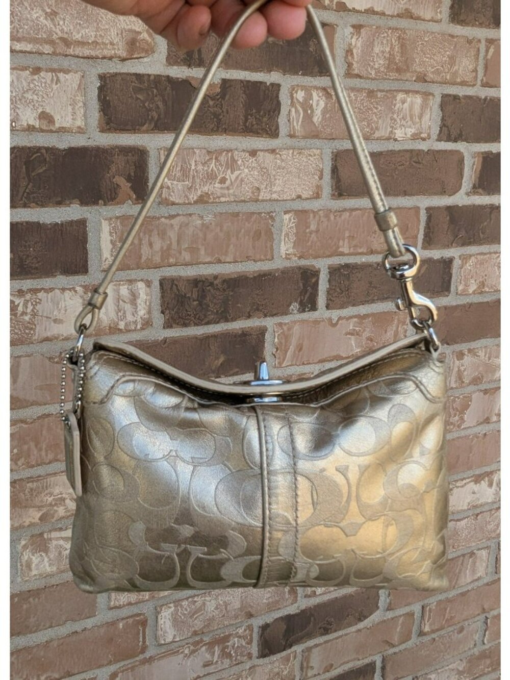 Vintage Y2K Coach Signature Turn Lock Convertible Wristlet Mini Bag Gold Silver - Picture 2 of 12